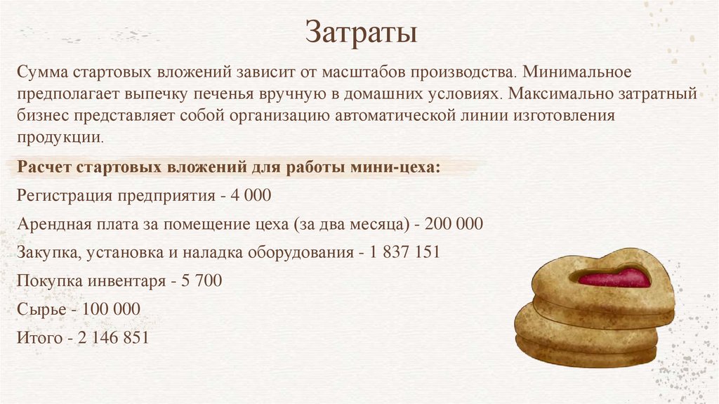 Производство печенья: процедура оформления ООО  рецептура приготовления  закупка оборудования для цеха  ингредиенты для приготовления печенья  где арендовать помещение  кого нужно пригласить на работу  сбыт продукции  когда окупятся инвестиции в бизнес