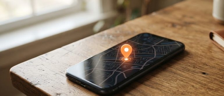 Смартфон с картой города и меткой местоположения на рабочем столе