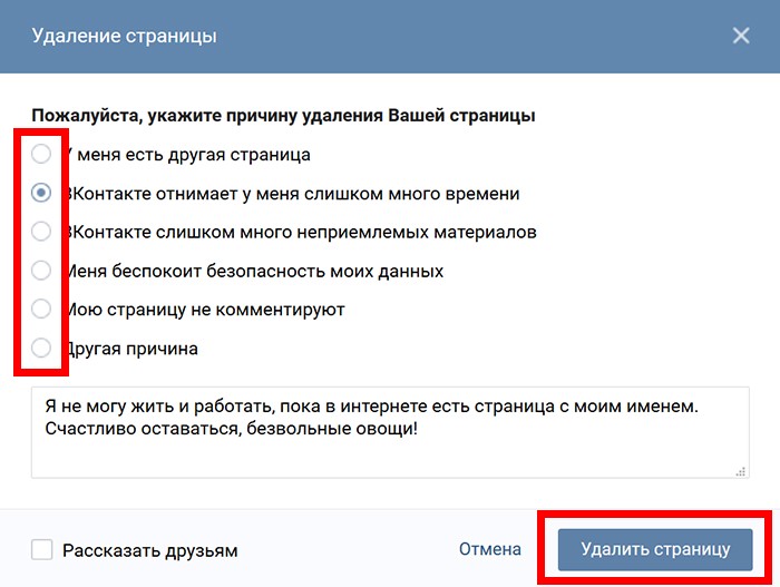 Удалить принятые. Как удалить страничку в ВК. Удалить страницу. Причина удаления страницы. Удалил свою страницу.