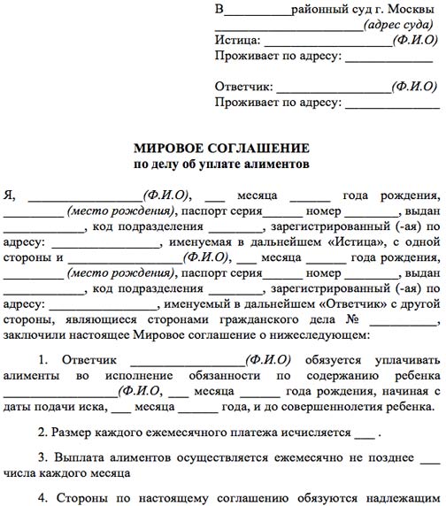 Соглашение на оплату алиментов между супругами образец