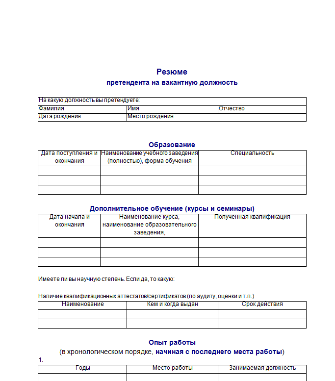 Резюме образец на прием на работу образец